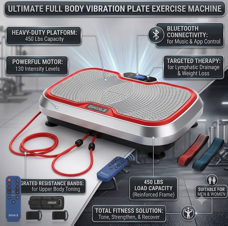 Vibration Exercise Plate with Resistance Bands – Home Fitness Machine