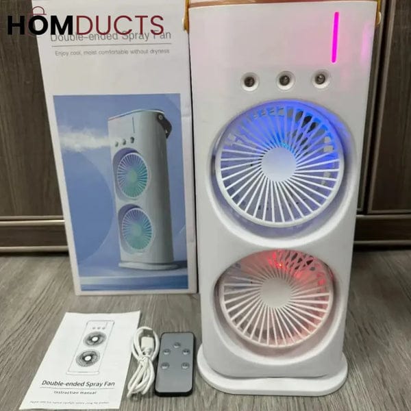 Portable Dual Head Mist Spray Fan with Remote Control – USB Rechargeable Air Cooler, 3-Speed Cooling Fan with LED Night Light for Home, Office & Bedroom