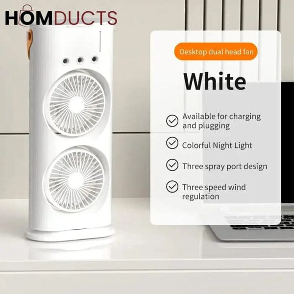 Portable Dual Head Mist Spray Fan with Remote Control – USB Rechargeable Air Cooler, 3-Speed Cooling Fan with LED Night Light for Home, Office & Bedroom