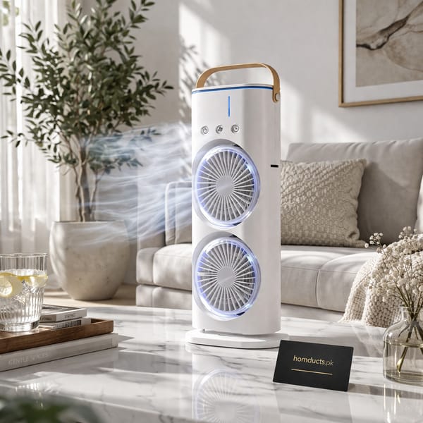 Portable Dual Head Mist Spray Fan with Remote Control – USB Rechargeable Air Cooler, 3-Speed Cooling Fan with LED Night Light for Home, Office & Bedroom
