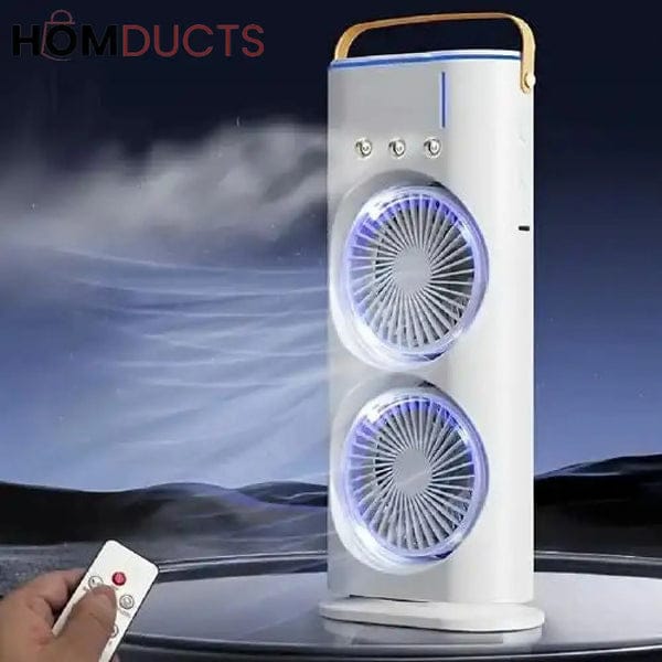 Portable Dual Head Mist Spray Fan with Remote Control – USB Rechargeable Air Cooler, 3-Speed Cooling Fan with LED Night Light for Home, Office & Bedroom