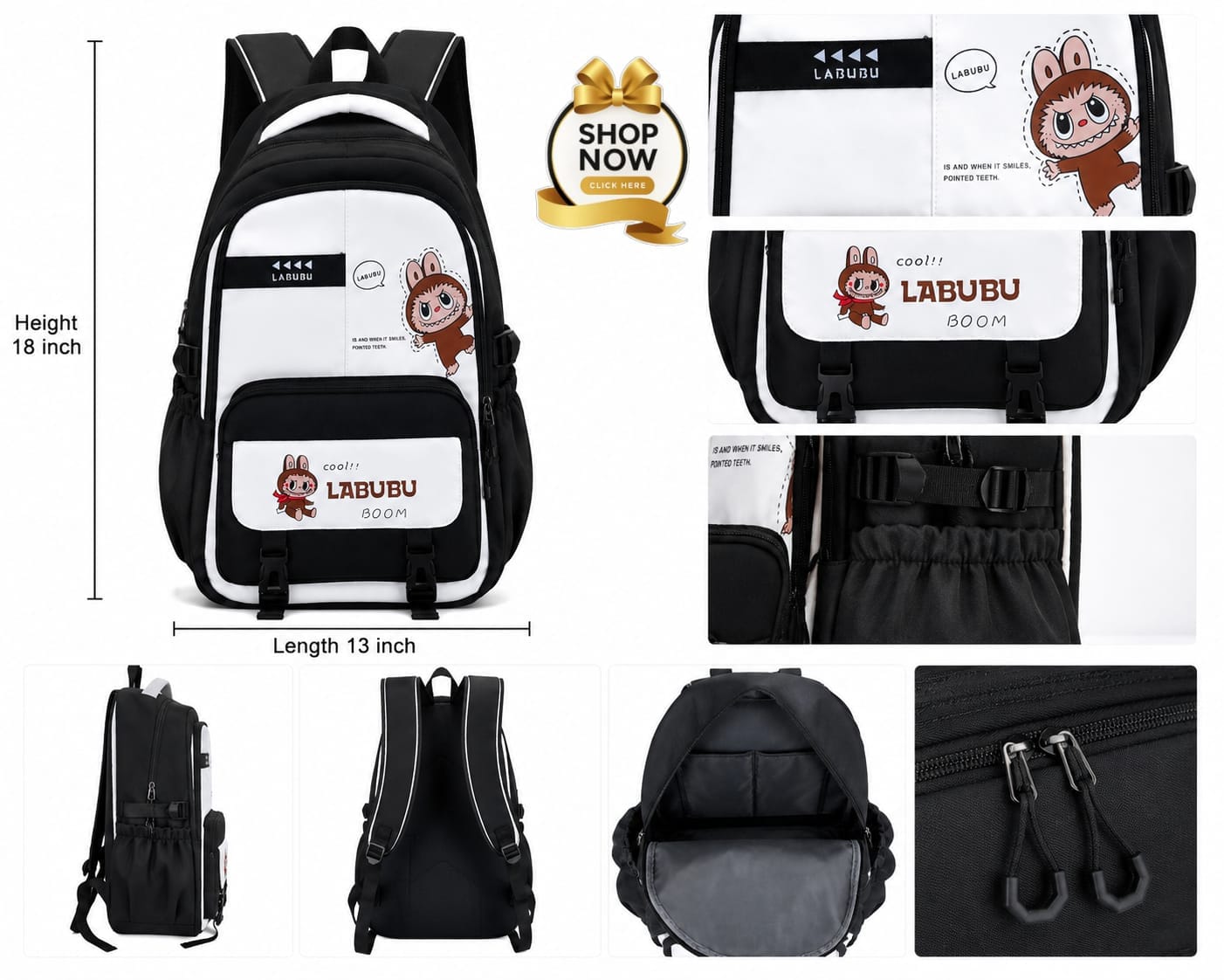 Cute Labubu School Backpack for Girls & Teens | Large Capacity Waterproof Travel Laptop Backpack
