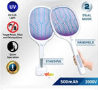 Rechargeable Electric Mosquito Killer Racket with UV LED Light – 2-in-1 Handheld & Standing Fly Swatter (3000V)